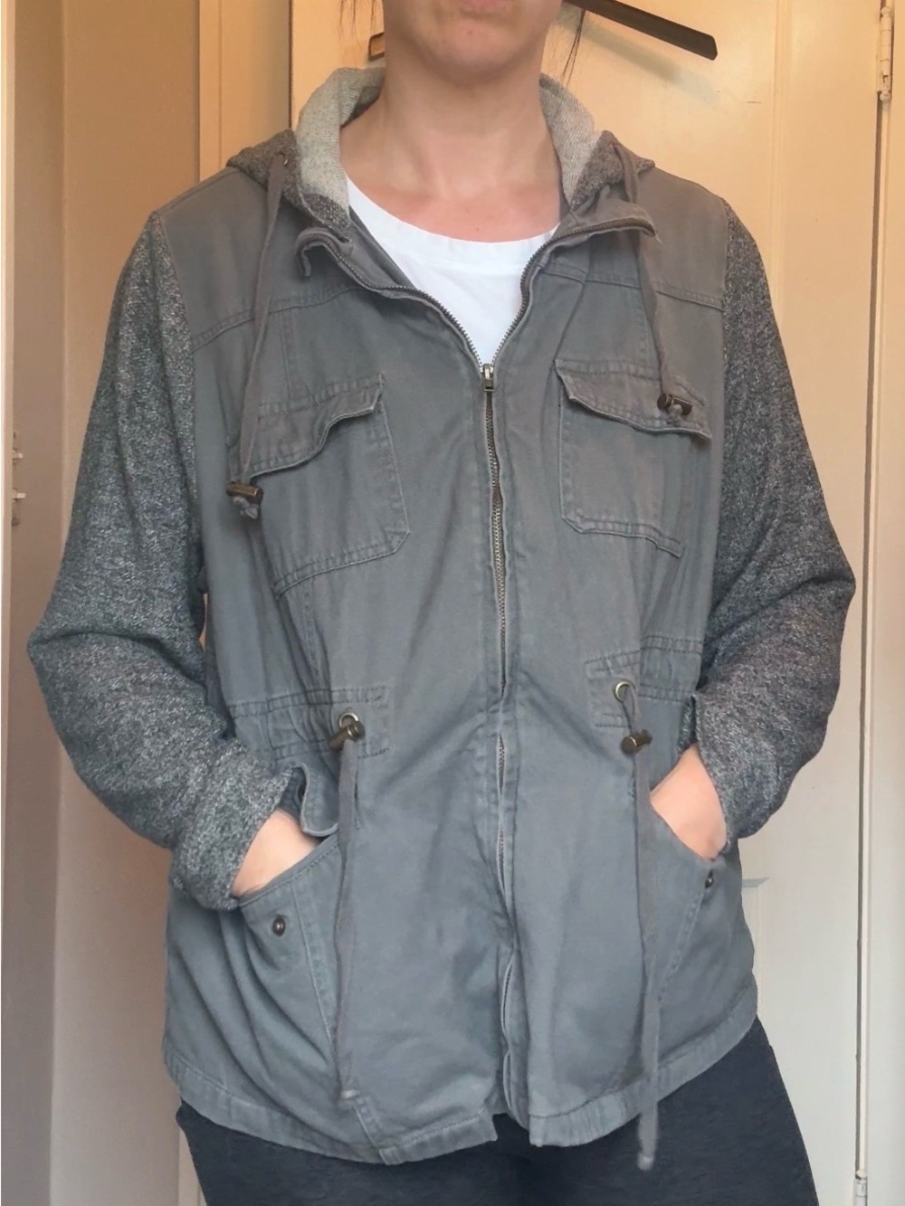 Plus Size Angel Kiss Gray Mixed-Fabric Hooded Fall Jacket